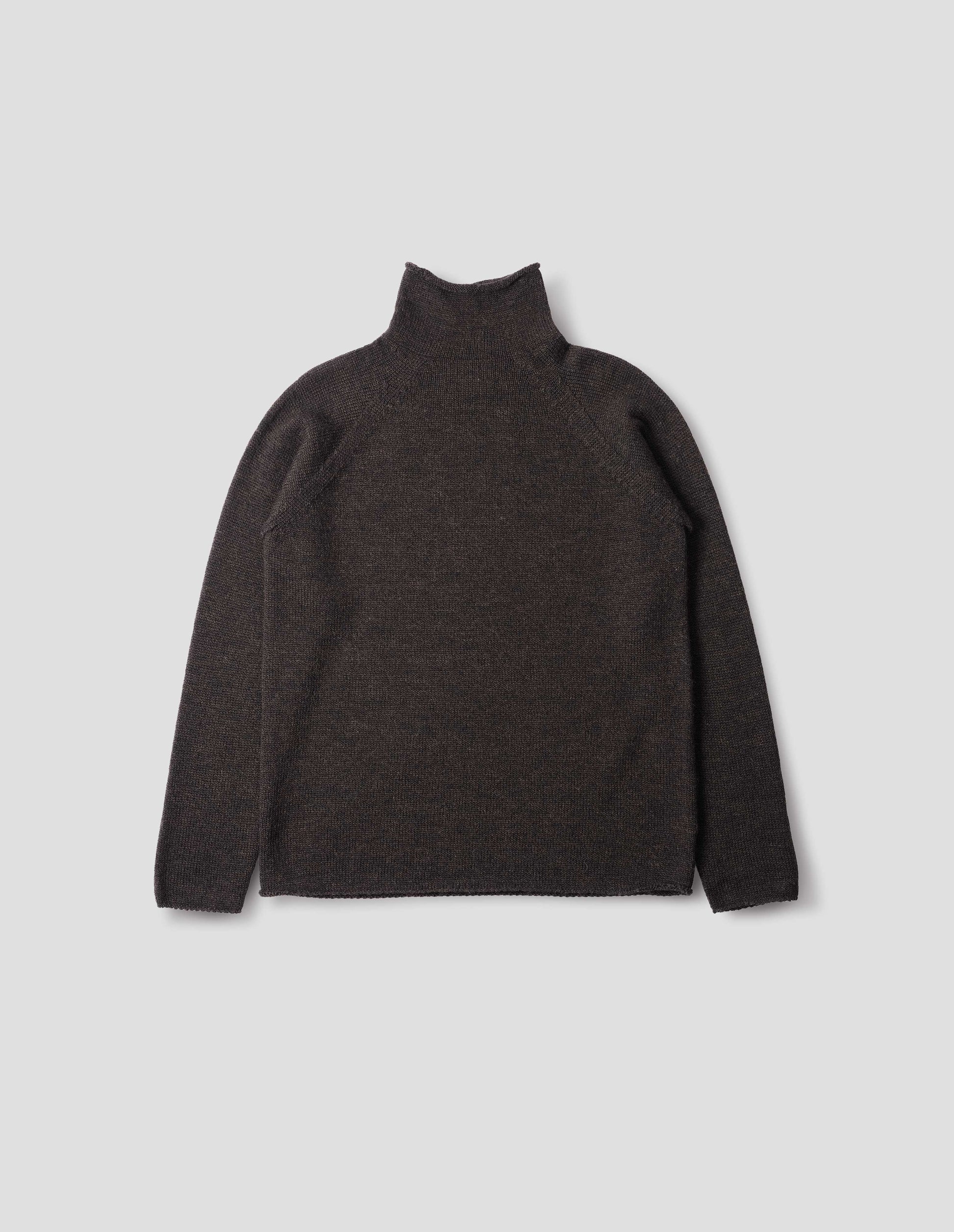 Brown roll neck jumper with seamless construction, high neck, raglan sleeve and straight cuffs and hem. Back flat lay view.