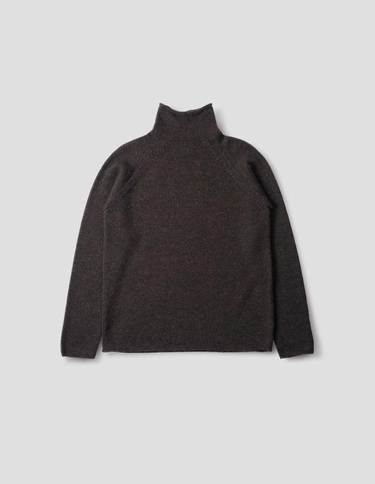 Brown roll neck jumper with seamless construction, high neck, raglan sleeve and straight cuffs and hem. Back flat lay view.