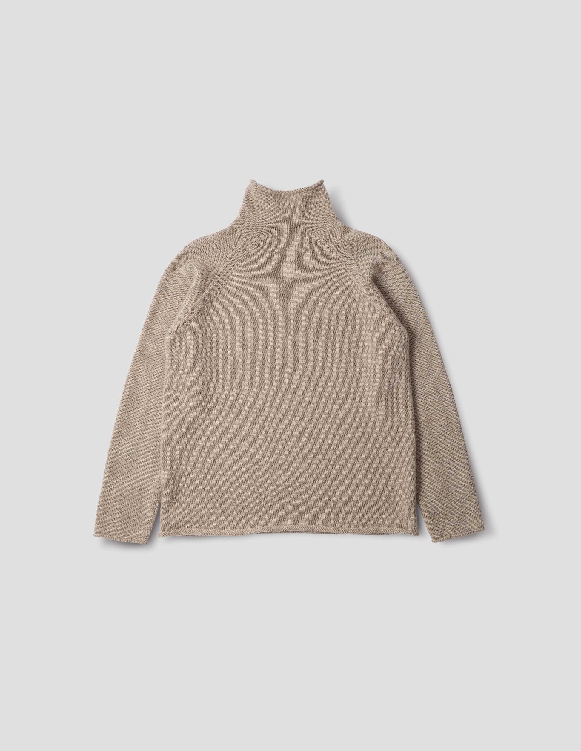 Beige roll neck jumper with seamless construction, high neck, raglan sleeve and straight cuffs and hem. Back flat lay view.
