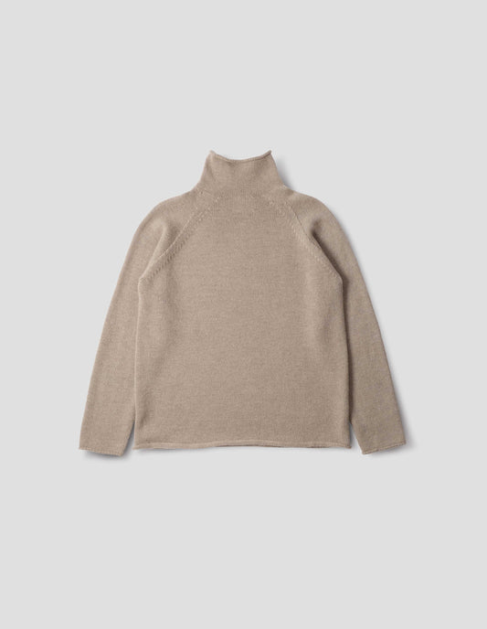 Beige roll neck jumper with seamless construction, high neck, raglan sleeve and straight cuffs and hem. Back flat lay view.