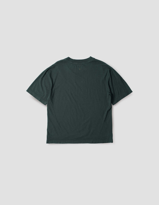 Blue green cotton t-shirt, with vent split hem, back flat lay view.