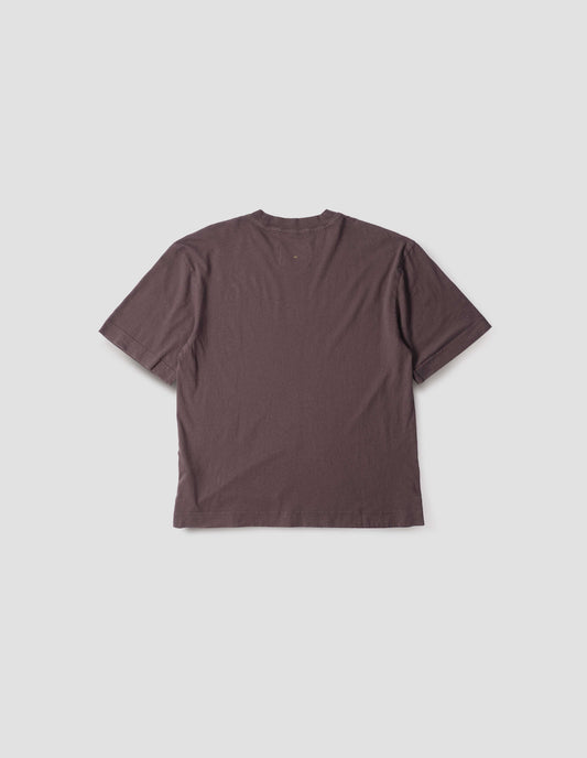 Dark purple cotton t-shirt, with vent split hem, back flat lay view.