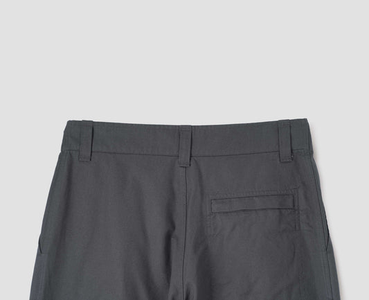 Charcoal grey heavy cotton trousers, with belt loops and stitch through back pocket, back flat lay view.