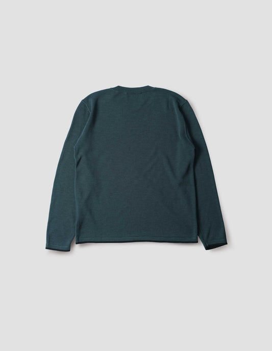 Green-blue long sleeve knitted thermal with ribbed collar, black stripe on cuffs and hem, back flat lay view.