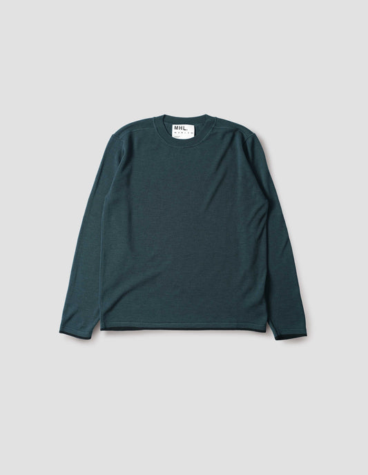 Green-blue long sleeve knitted thermal with ribbed collar, black stripe on cuffs and hem, front flat lay view.