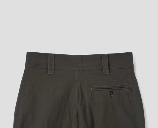 Green brown trousers with button closure welt pocket, and belt loops. Back flat lay view.