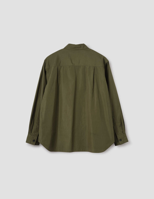 Green shirt with with horn buttons on cuffs, back flat lay view.