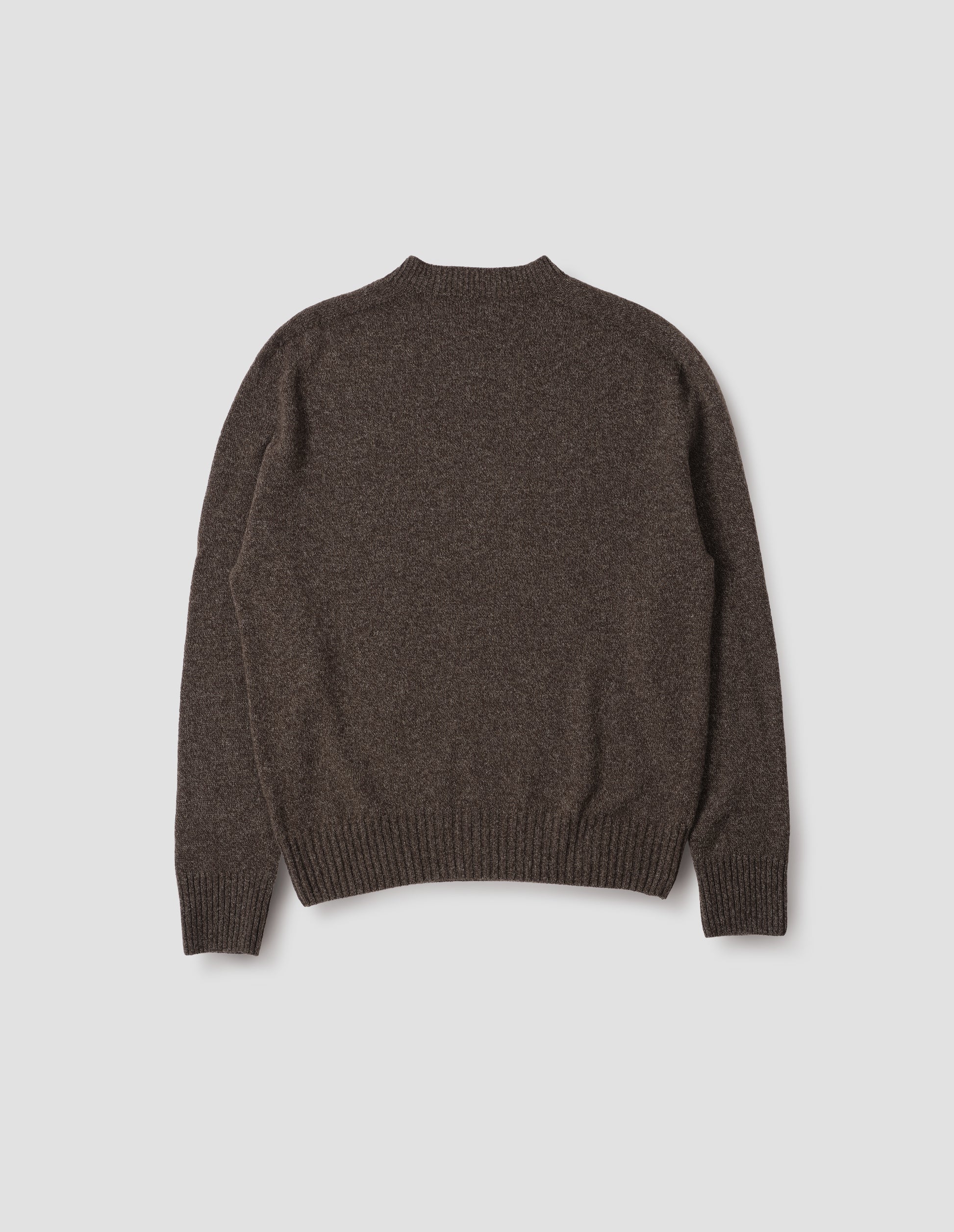 Brown marl long sleeve jumper with contrast rib neckline, cuffs and hem. Back flat lay view.