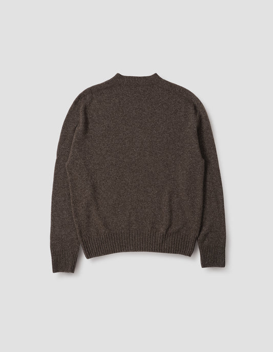 Brown marl long sleeve jumper with contrast rib neckline, cuffs and hem. Back flat lay view.
