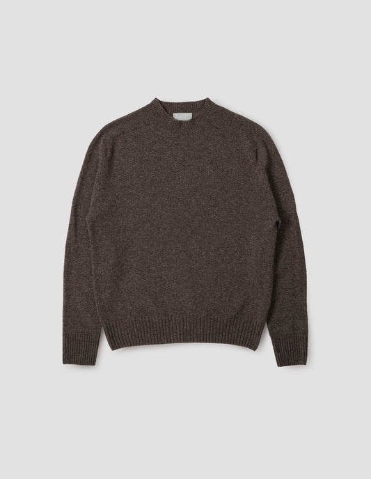 Brown marl long sleeve jumper with contrast rib neckline, cuffs and hem. Front flat lay view.