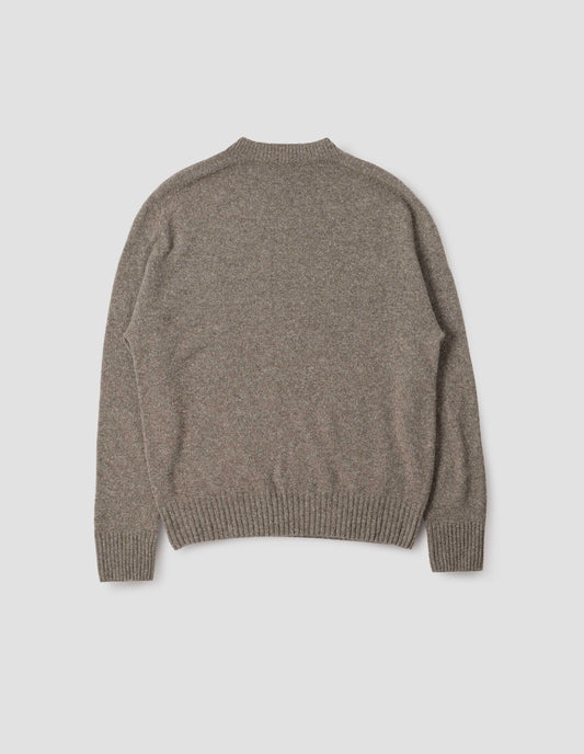 Beige marl long sleeve jumper with contrast rib neckline, cuffs and hem. Back flat lay view.