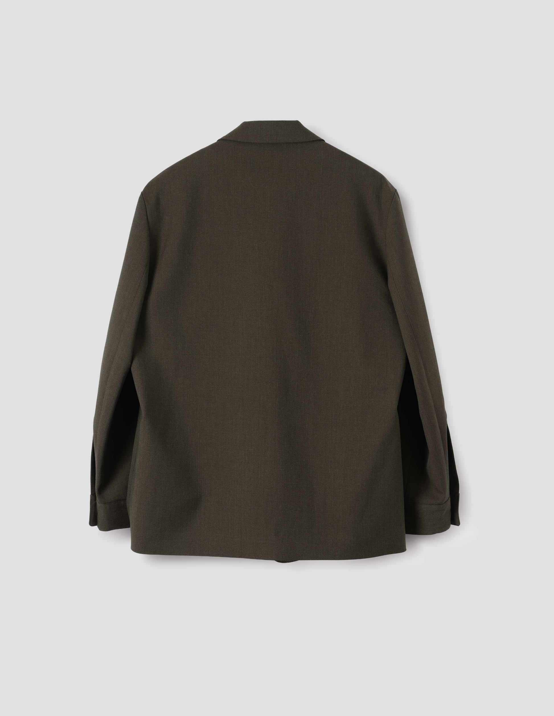 Brownish green wool blazer with horn button shirt cuffs. Back flat lay view.