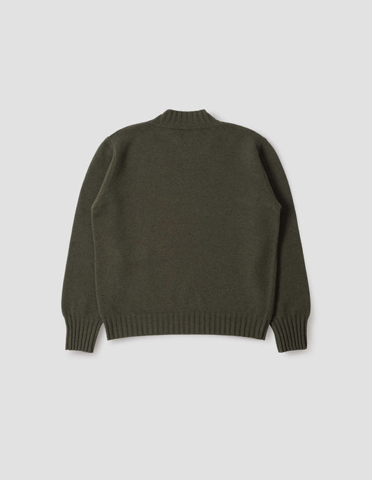 Dark green ribbed crew neck jumper with ribbed cuffs and hem, back flat lay view.