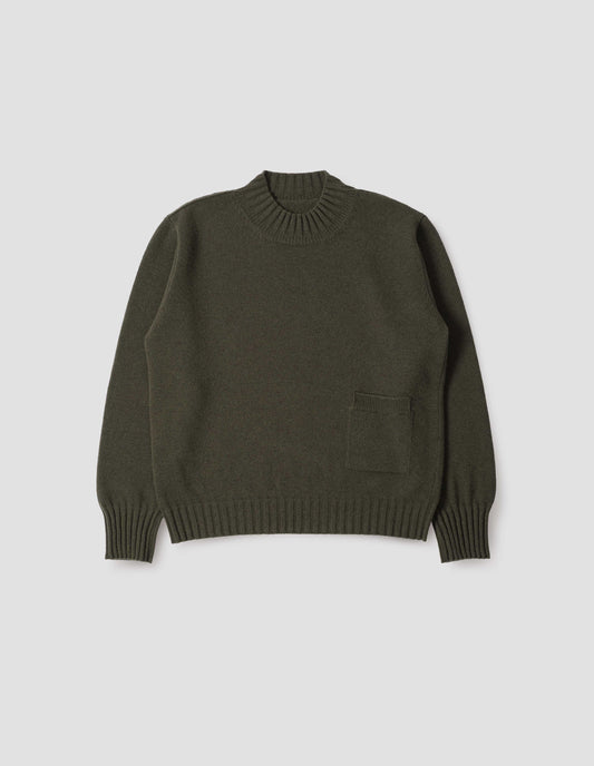 Dark green ribbed crew neck jumper with ribbed cuffs and hem, and patch pocket with rib detail, front flat lay view.
