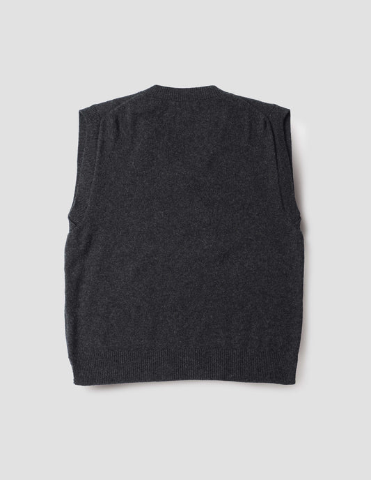 Charcoal grey sleeveless knitted jumper, with contrast rib on neck, armholes and hem, back flat lay view.