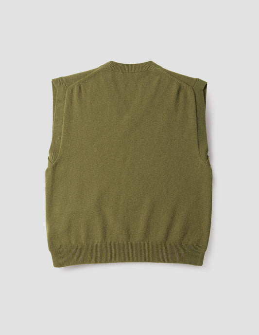 Olive green sleeveless knitted jumper, with contrast rib on neck, armholes and hem, back flat lay view.