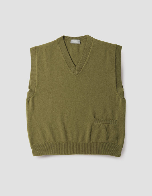 Olive green sleeveless knitted jumper, with contrast rib on neck, armholes and hem, with pocket on lower hip, front flat lay view.