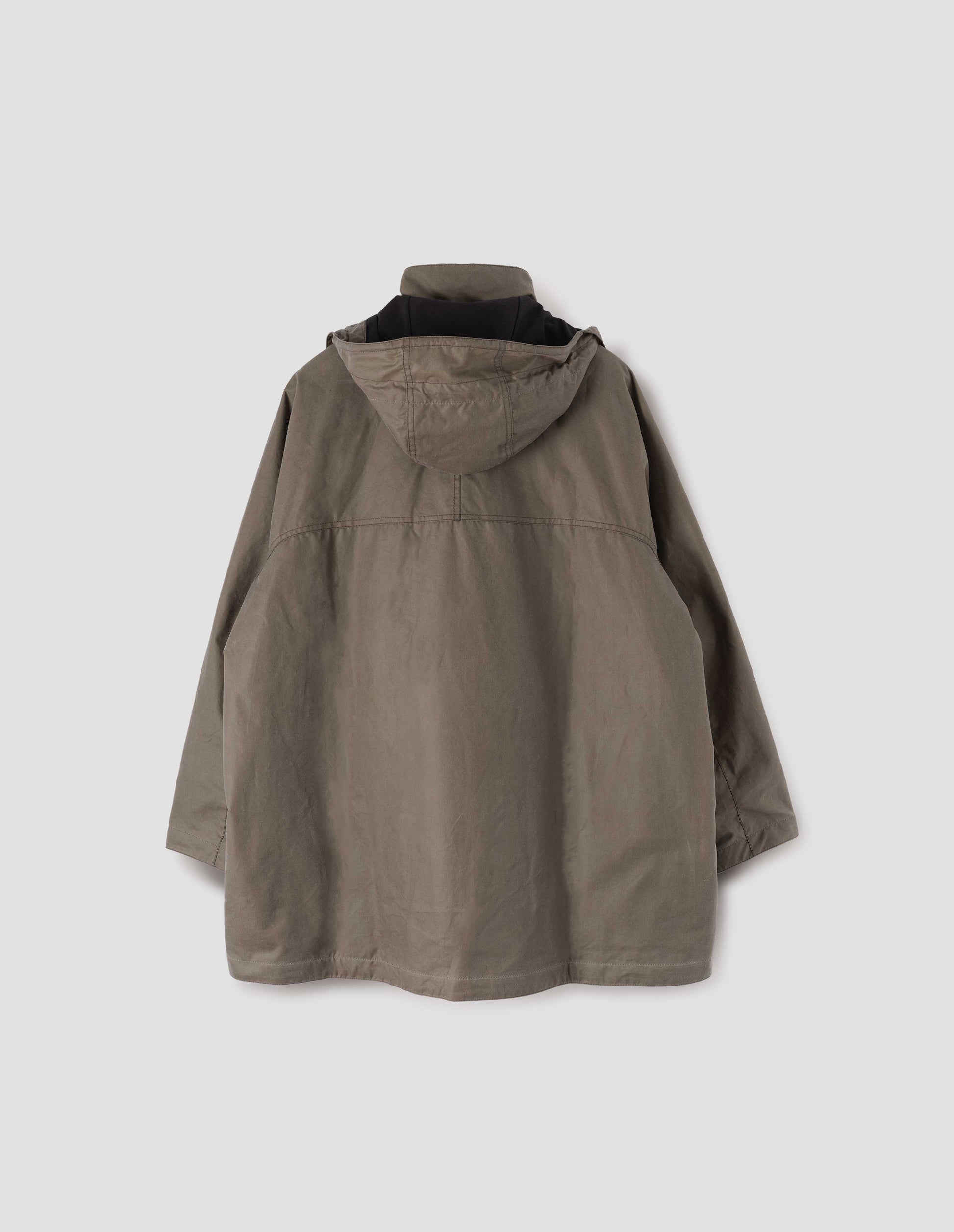Dark beige hooded parka with stand collar and raglan sleeve. Back flat lay view.