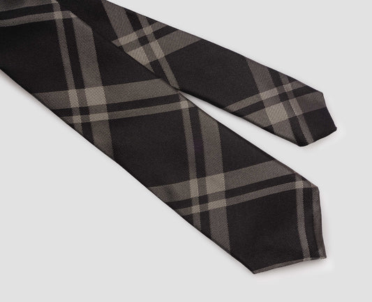 Light grey and dark grey two colour tartan silk tie fabric swatch.