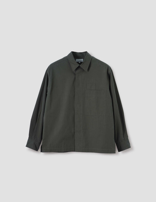 Dark green shirt with wide placket, large patch chest pocket with internal pen pocket, front flat lay view.