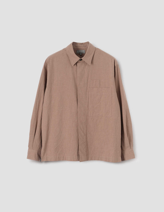 Light brown shirt with wide placket, large patch chest pocket with internal pen pocket, front flat lay view.
