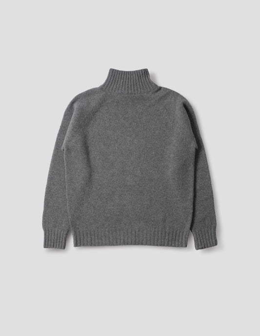 Grey melange mock neck jumper with raglan sleeve and contrasting rib on neck, cuffs and hem. Back flat lay view.