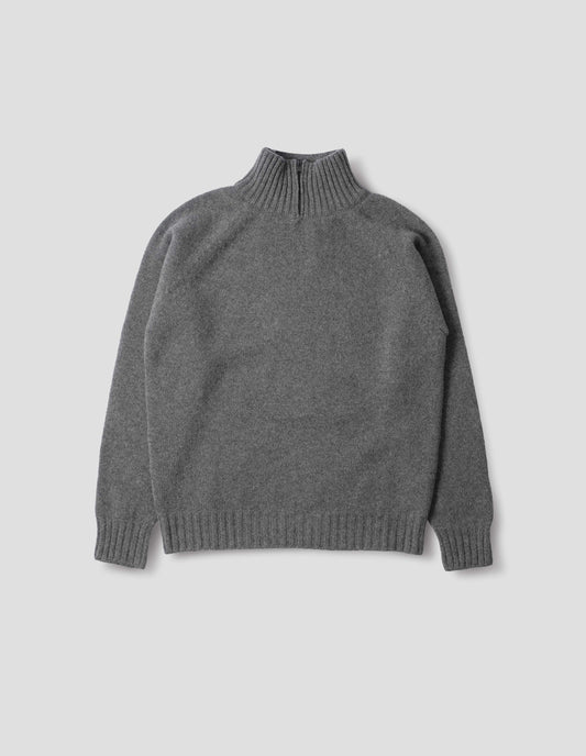 Grey melange mock neck jumper with zip detailing, raglan sleeve and contrasting rib on neck, cuffs and hem. Front flat lay view.
