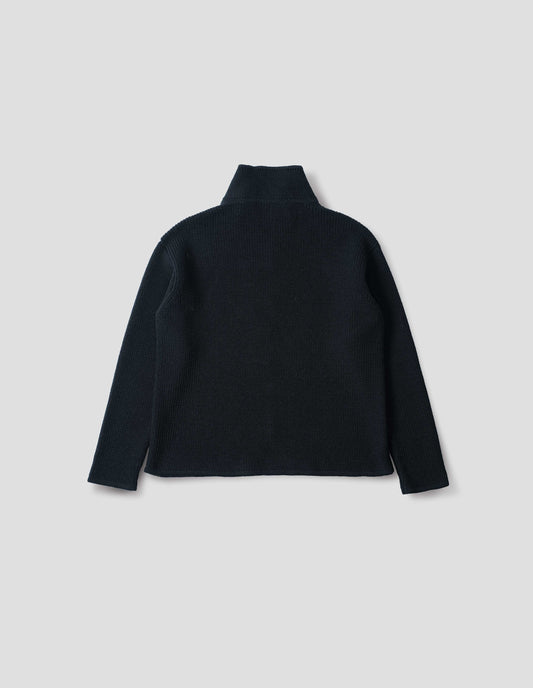Black zip through wool cardigan with straight hem and cuffs. Back flat lay view.