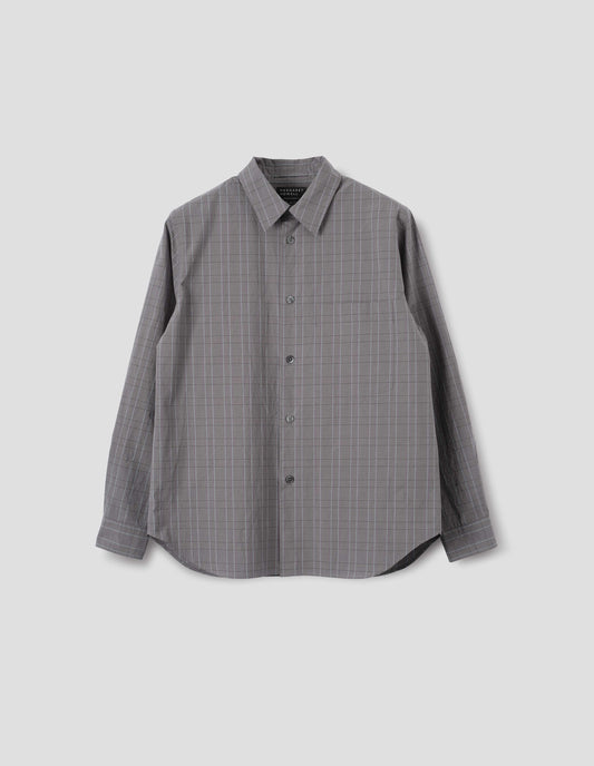 Grey cotton shirt with dark grey and light blue checks, mother of pearl buttons and chest pocket. Front flat lay view.