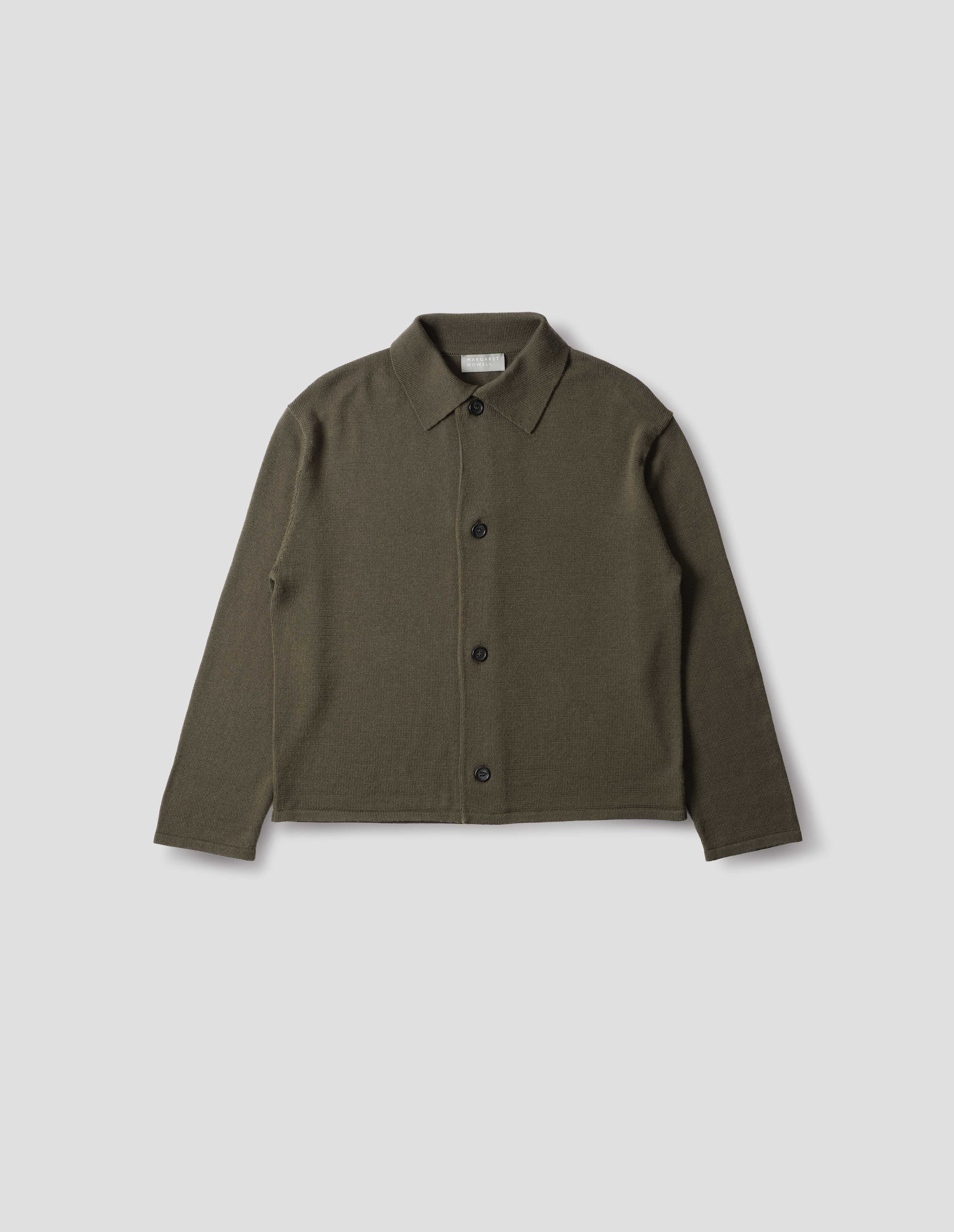 Khaki japanese spun merino Collared Cardigan | Margaret Howell