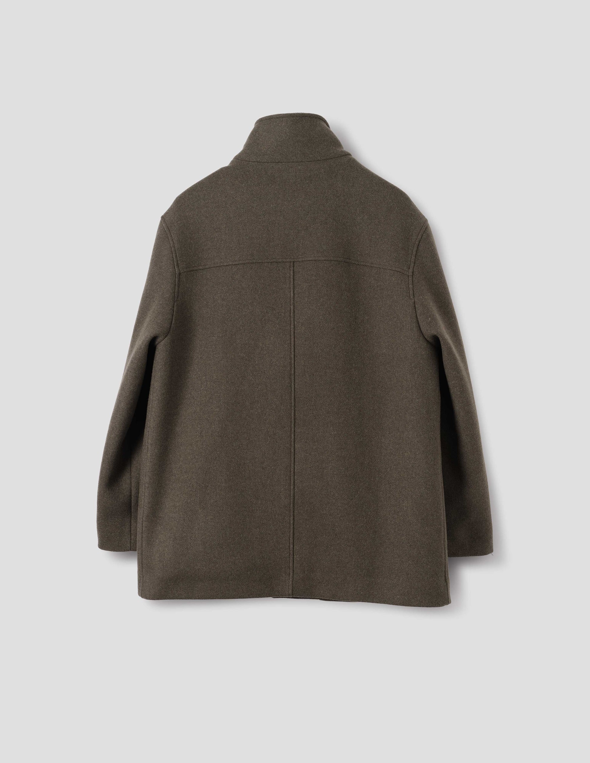 Khaki green wool coat with half mock collar, back yoke and centre back seam. Back flat lay view.