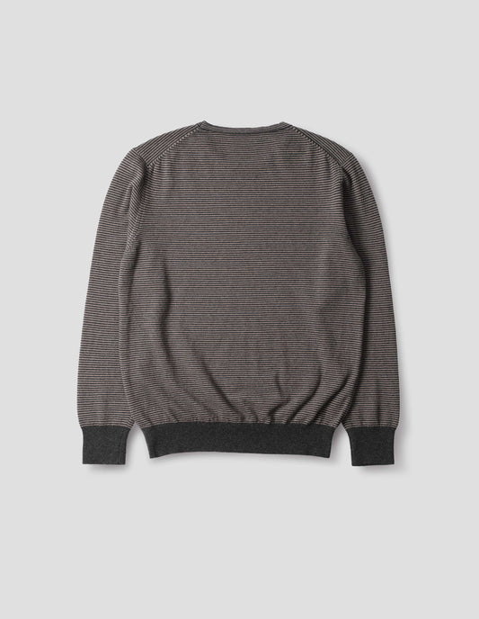 Grey merino cashmere jumper with dark grey stripes, crew neck with tubular collar, and with contrast rib on cuffs and hem. Back flat lay view.