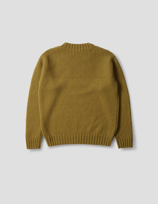 Dark yellow wool jumper with set in sleeves, contrast garter stitch on yoke, and wide rib detailing on neck, cuffs and hem. Back flat lay view.