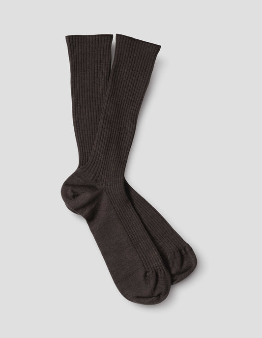 Dark brown wool socks, ribbed, front flat lay view.