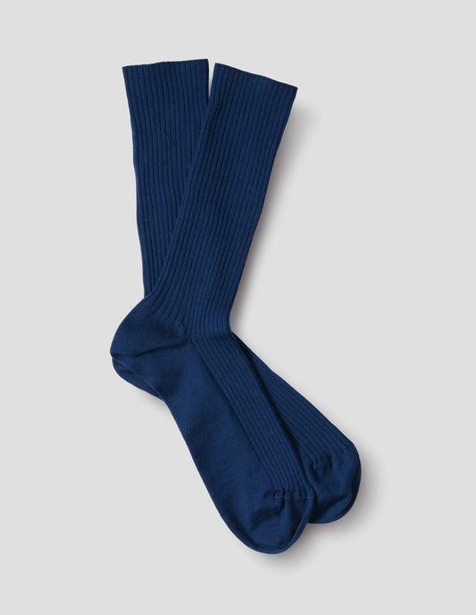 Blue wool socks, ribbed, front flat lay view.