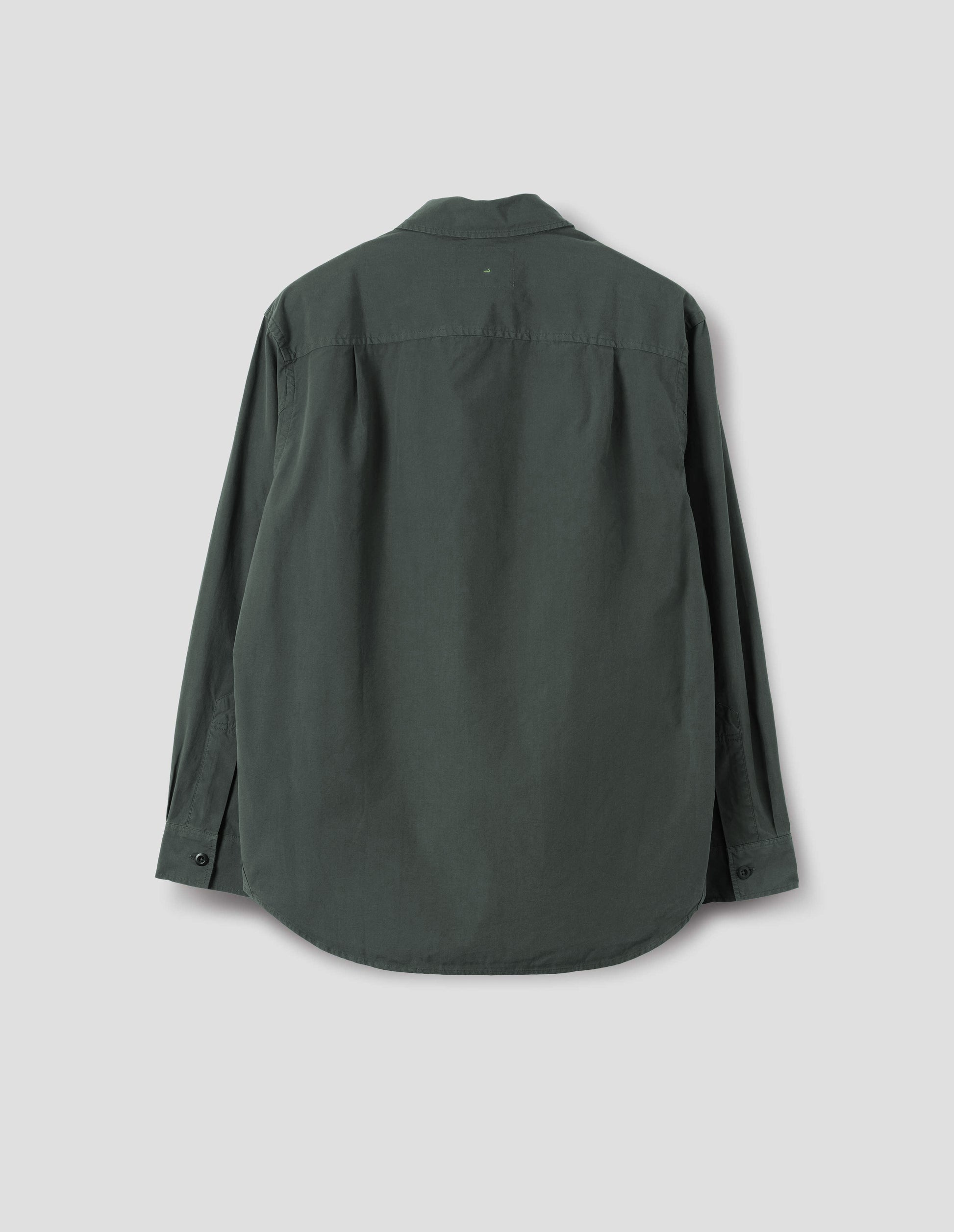 A relaxed dark grey cotton shirt with a side gusset stitch detailing and pleats on the back yoke. Back flat lay view.