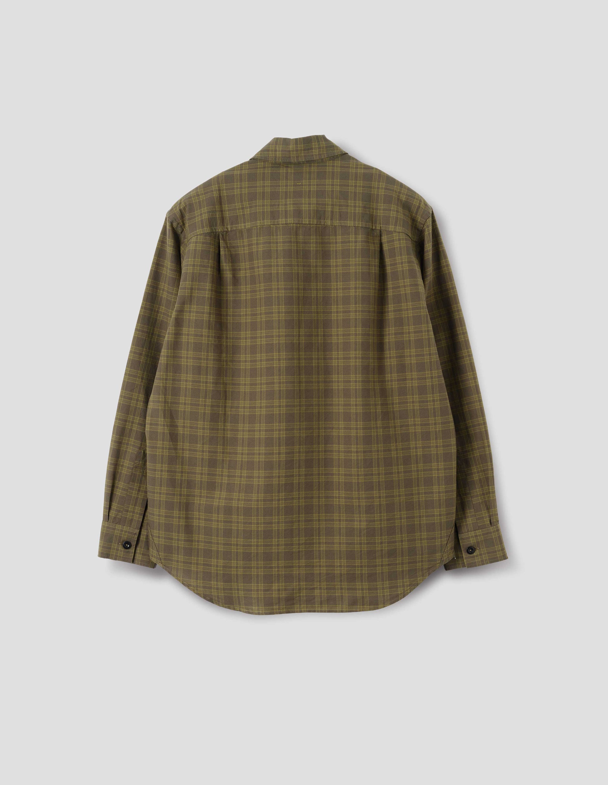 A relaxed green tonal check cotton shirt with a side gusset stitch detailing, curved hem and pleats on back yoke. Back flat lay view.