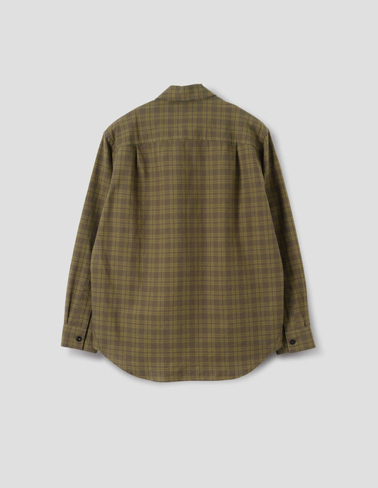 A relaxed green tonal check cotton shirt with a side gusset stitch detailing, curved hem and pleats on back yoke. Back flat lay view.