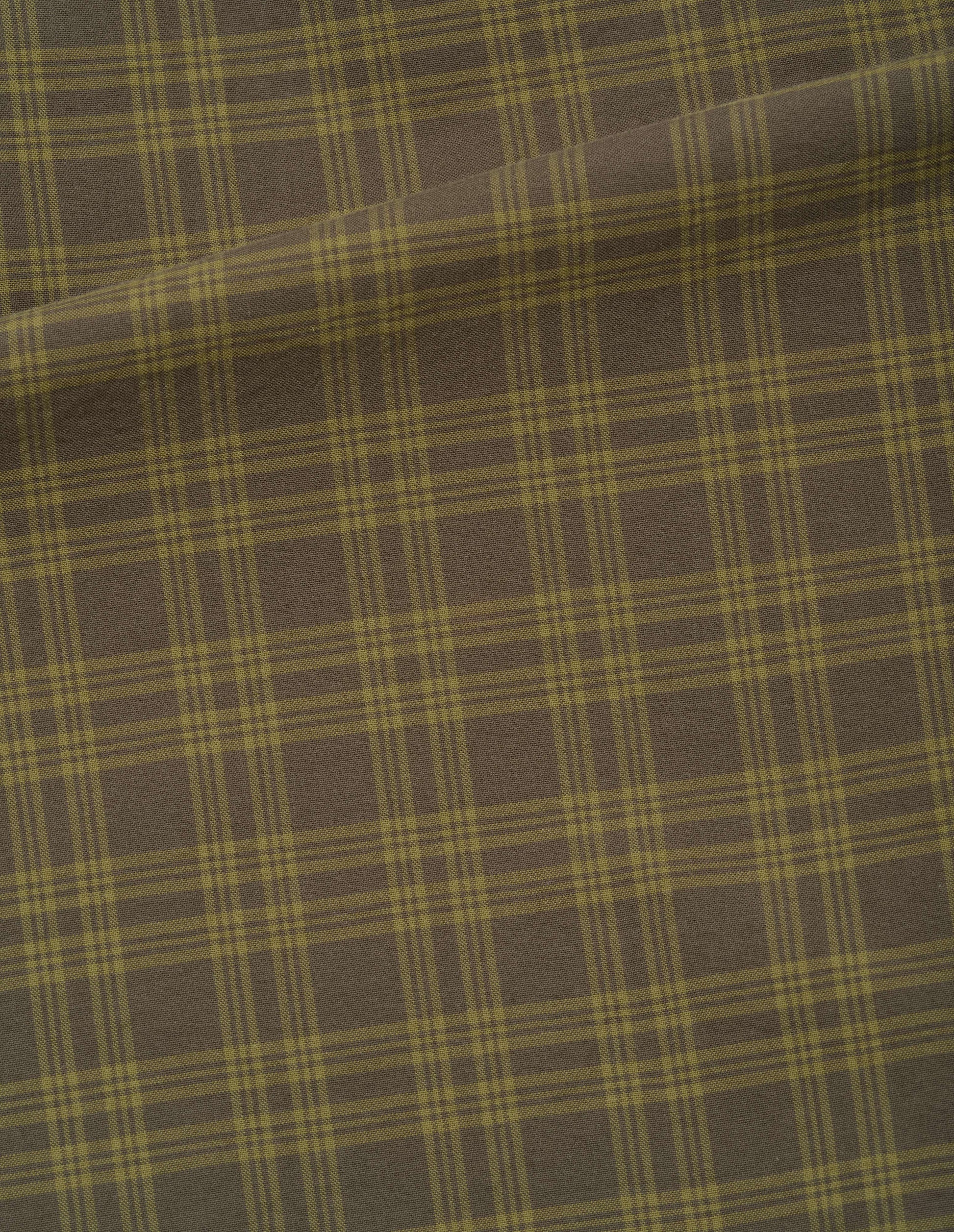 A relaxed green tonal check cotton shirt, fabric swatch.