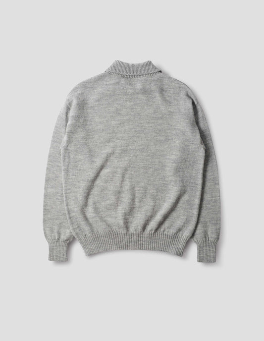 Collared wool sweater in light grey with a wide rib linked on collar, plain knit body, and deeper ribbed cuffs. Finished with a straight hem, back flat view.