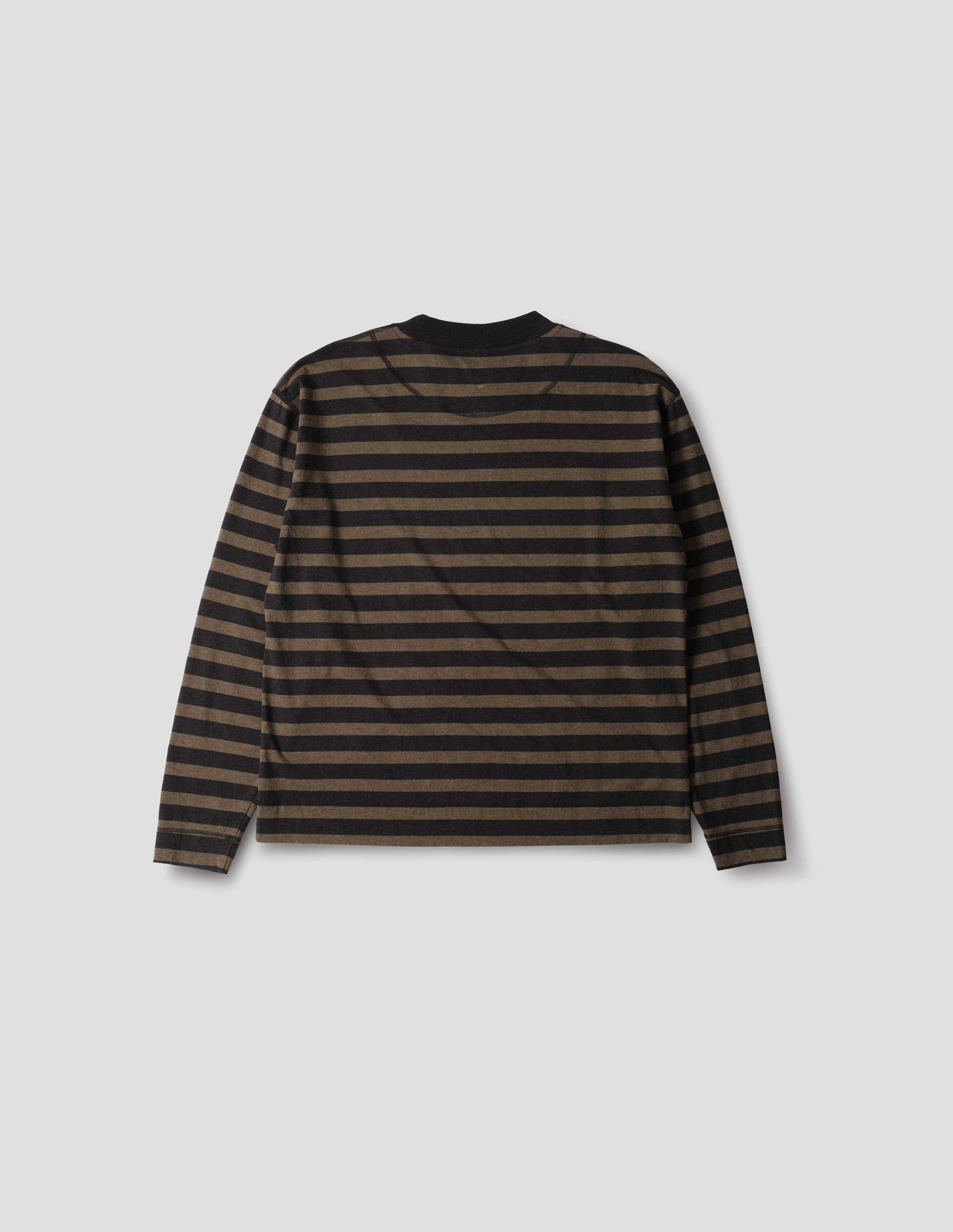 Black and brown stripe crew neck long sleeve jersey, rib trim on cuff and neck, flatlock stitch seam detailing. Back flat lay view.