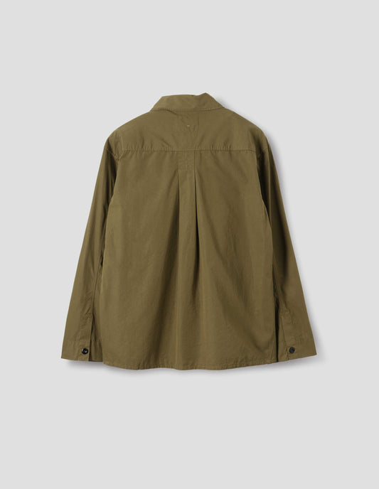 Green cotton poplin shirt with stitch through back yoke, box pleat and grown-on cuffs finished with dark corozo buttons, back flat lay view.