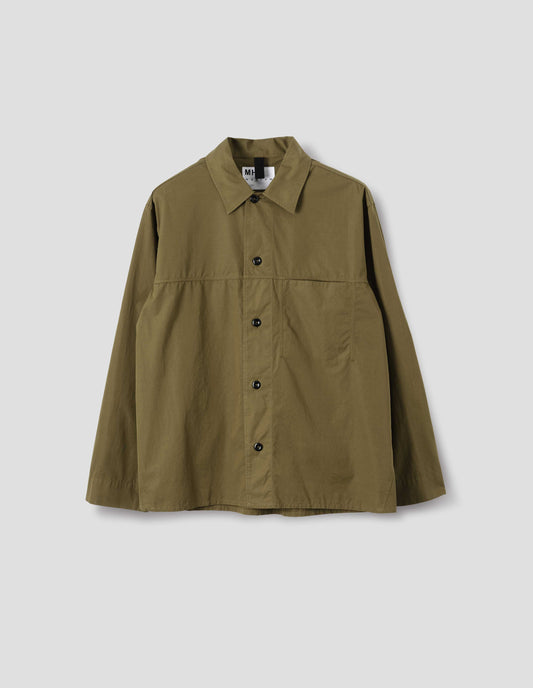 Green cotton poplin shirt with stitch through placket and pocket insert, grown-on cuffs and dark corozo buttons, front flat lay view.