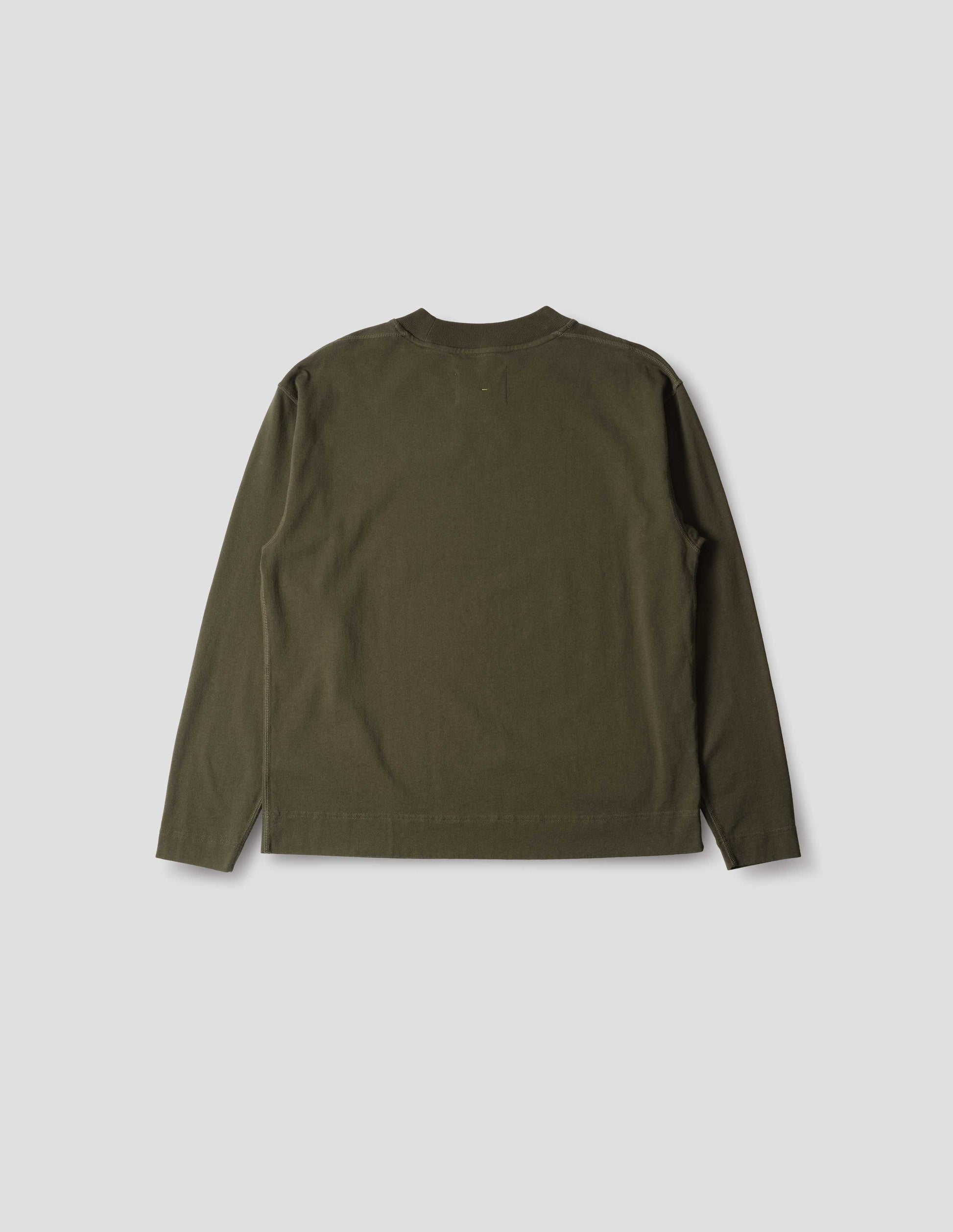 Brownish green cotton t shirt, with long sleeves, flatlock stitching, a deep ribbed collar and ribbed triangle insert on the shoulder, back flat lay view.