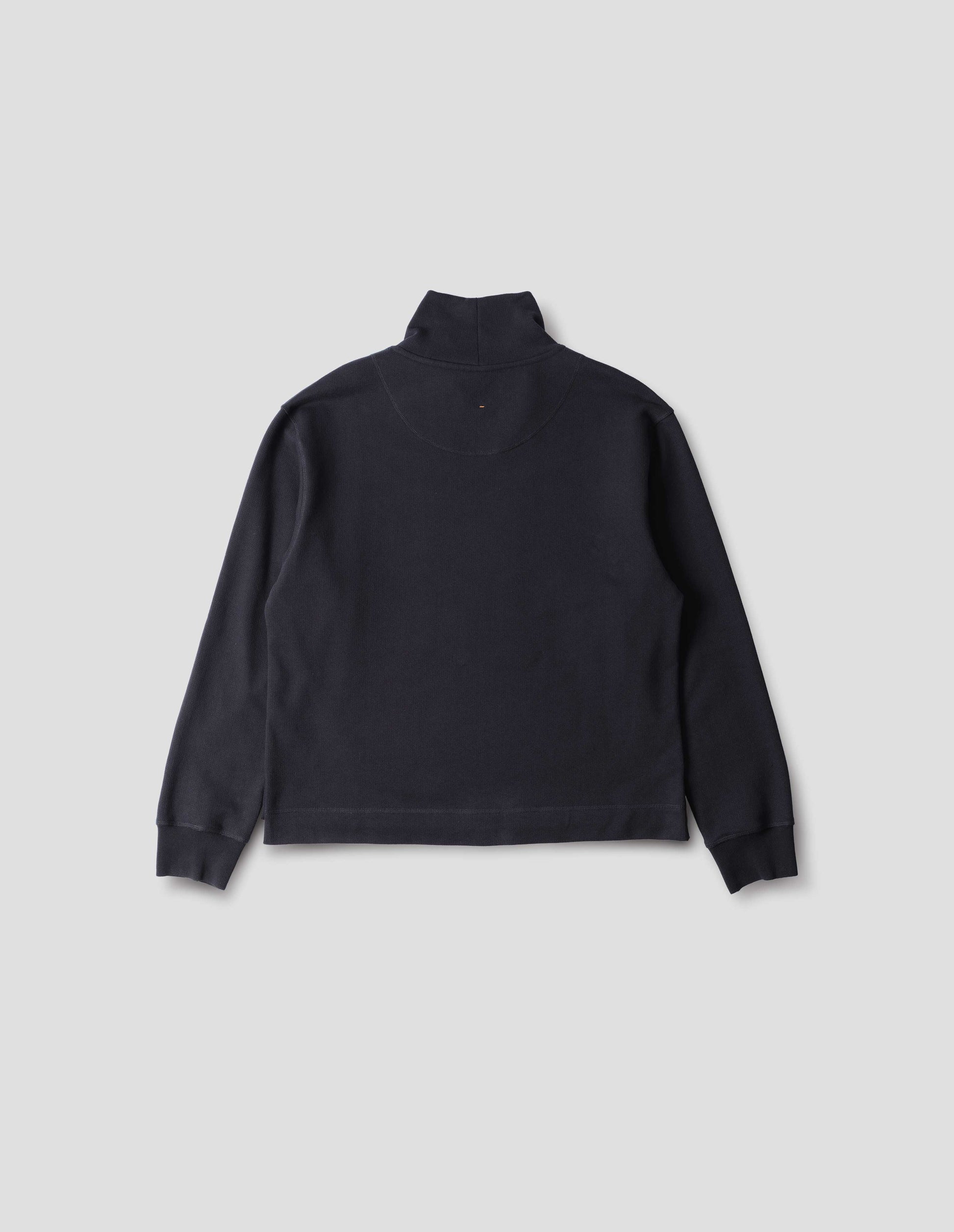 Dark navy loose funnel neck sweatshirt with single rib on cuffs and flatlock stitching on seams, back flat lay view.
