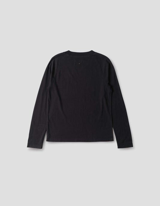 Black cotton linen long sleeve jersey. Relaxed, boxy cut. Back flat lay view.