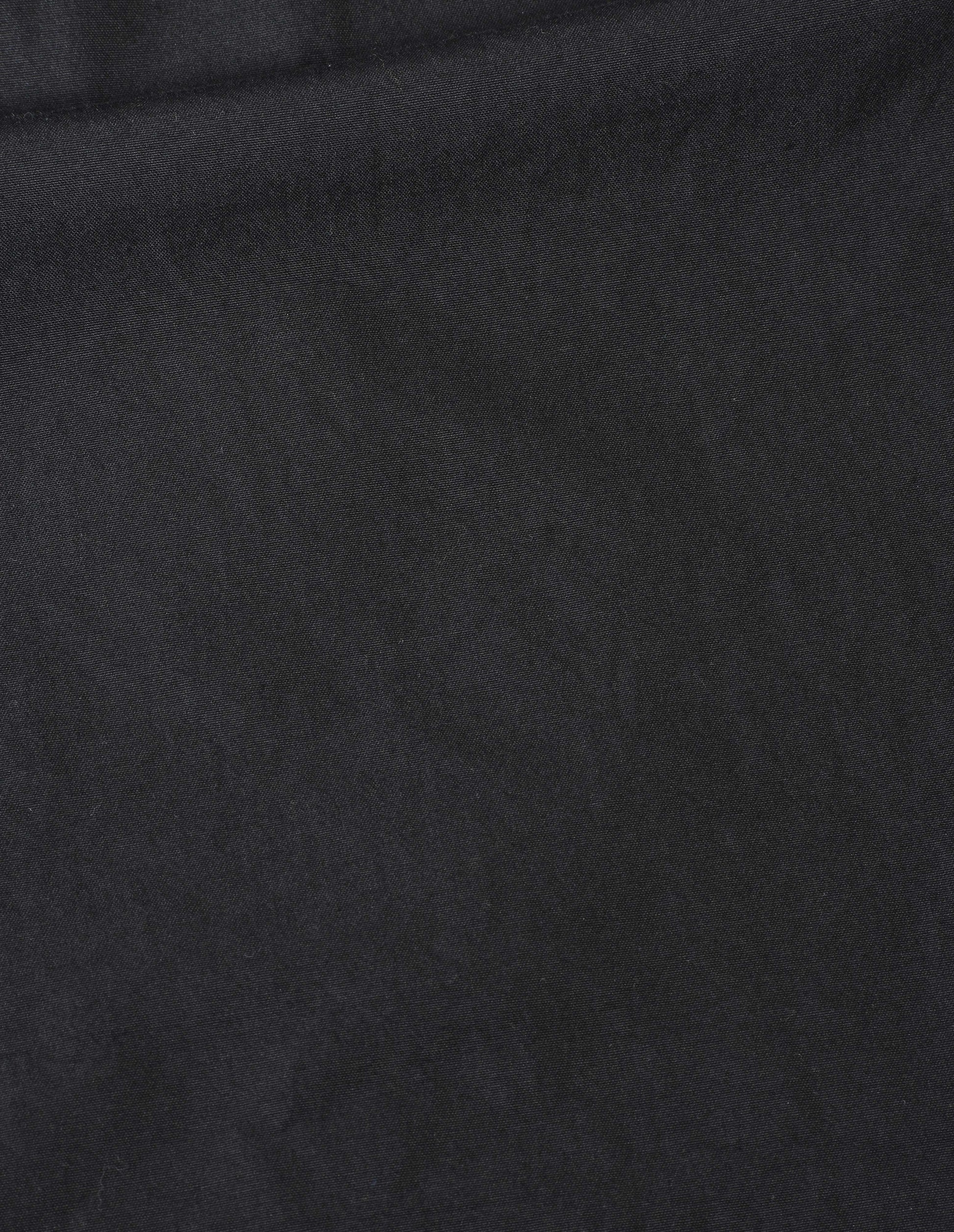 Black denim plainweave long sleeve shirt, fabric swatch.