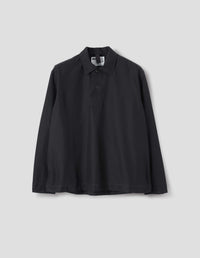 MHL. LONG SLEEVE OFFSET PLACKET POLO SHIRT | DENIM PLAINWEAVE | BLACK