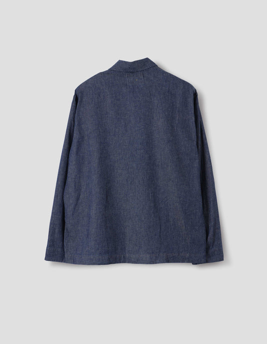 Blue cotton linen shirt, with straight hem, back flat lay view.