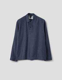 MHL. LONG SLEEVE OFFSET PLACKET POLO SHIRT | JAPANESE COTTON LINEN DENIM | INDIGO
